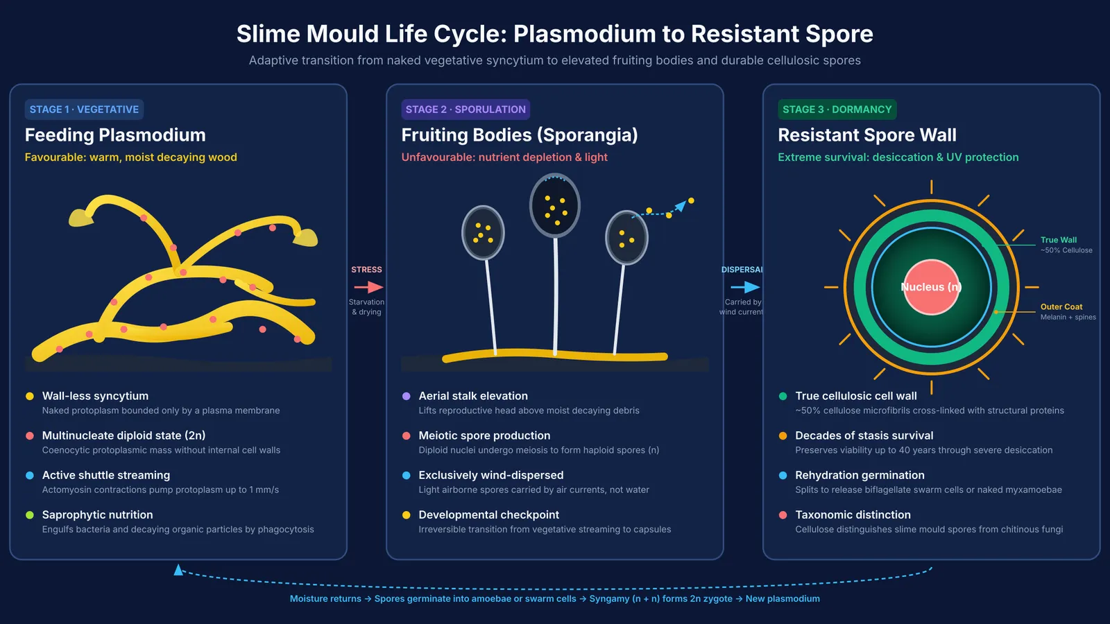 Diagram showing slime mould life cycle from vegetative plasmodium to fruiting bodies and spores