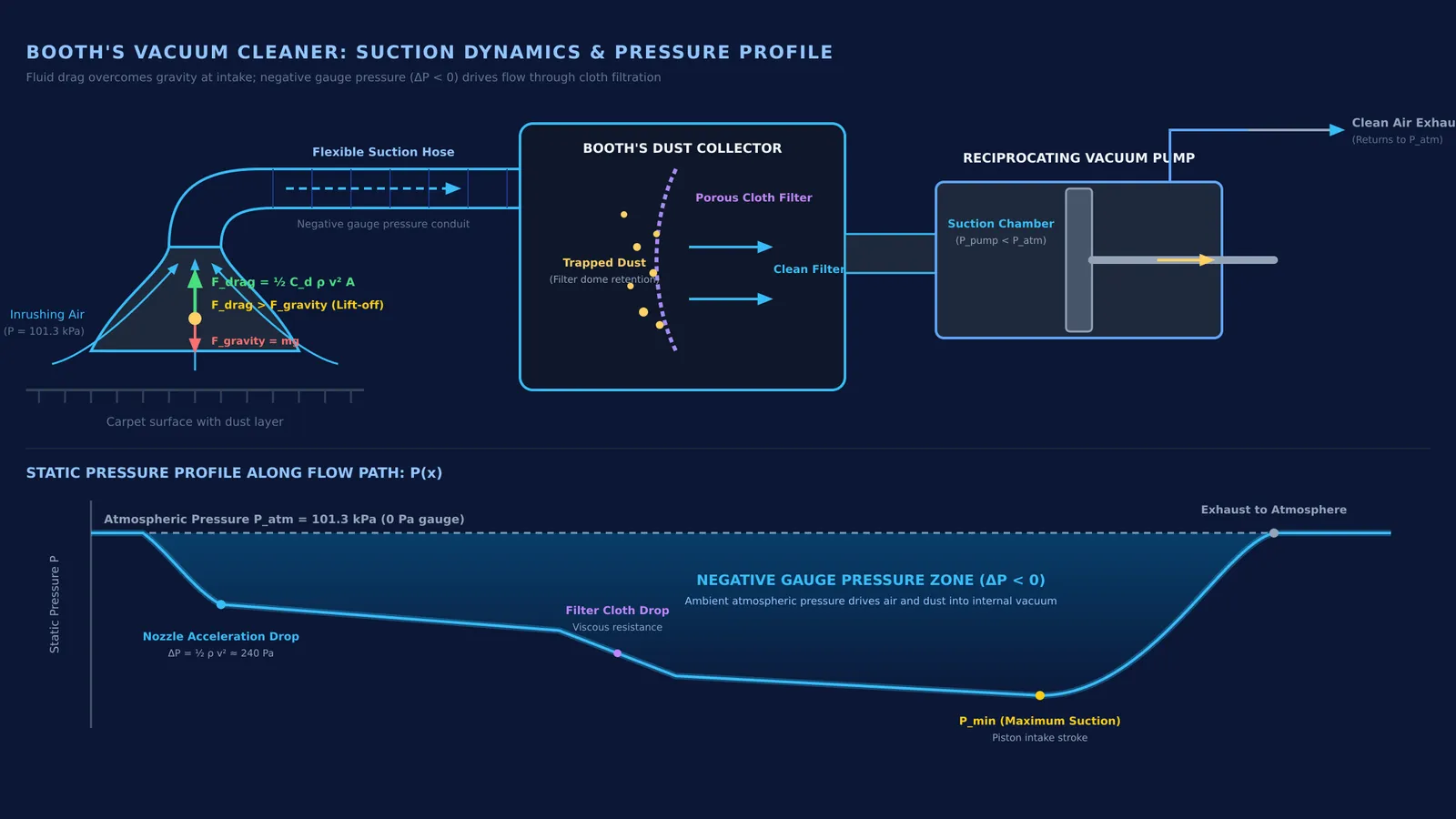 Diagram showing suction airflow, drag force on dust, and the vacuum pressure gradient