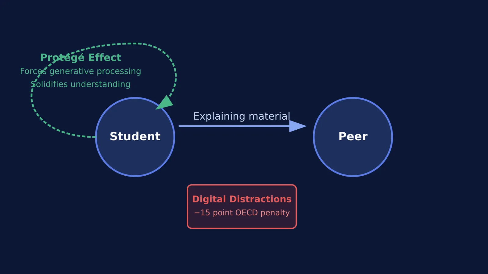 Diagram showing the protégé effect of teaching a peer and distraction penalty.