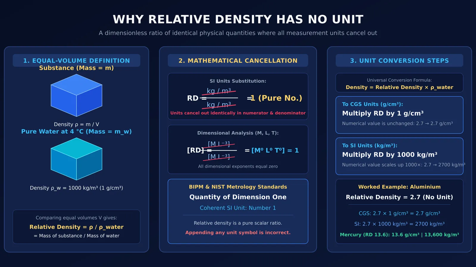 Diagram showing why relative density is unitless and how to convert to CGS and SI