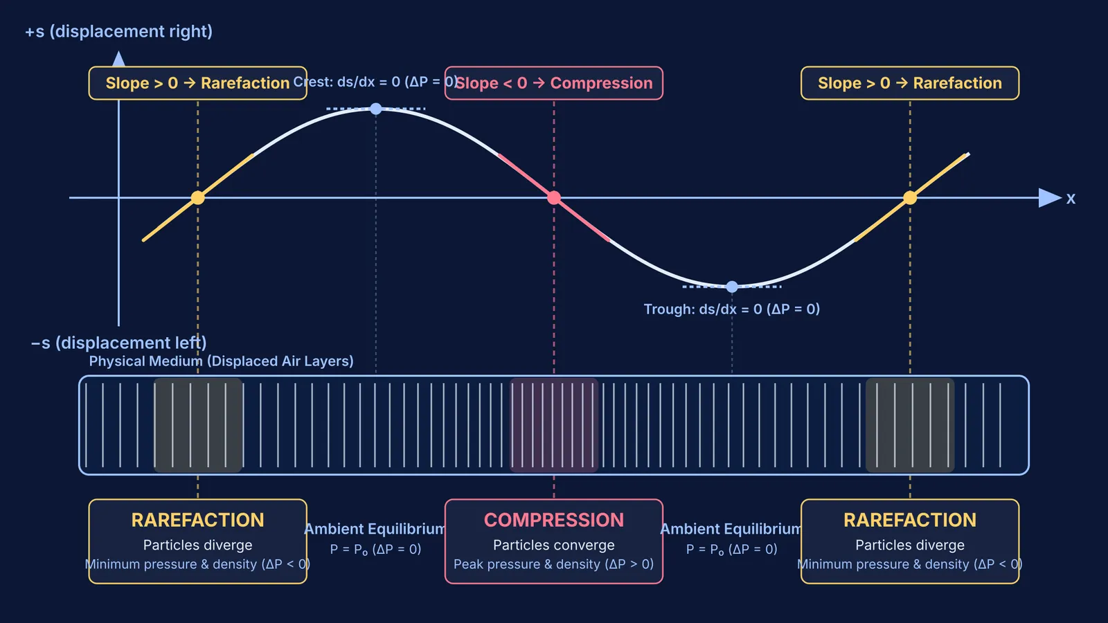 Displacement graph linked to compression and rarefaction zones in a longitudinal wave