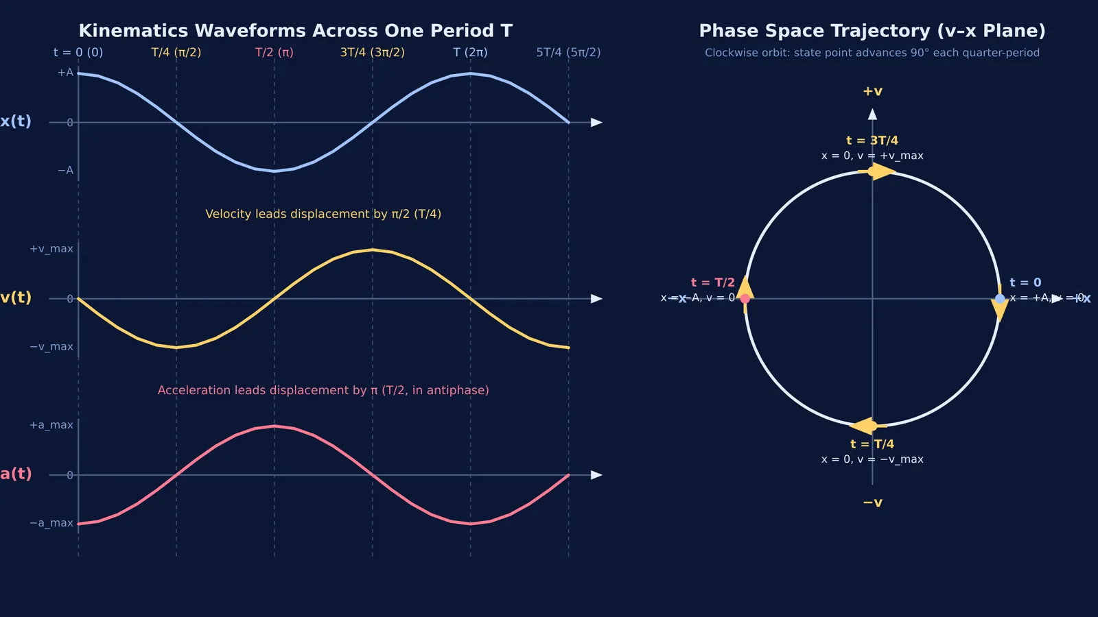 Displacement, velocity, and acceleration waveforms in SHM aligned with phase space trajectory.