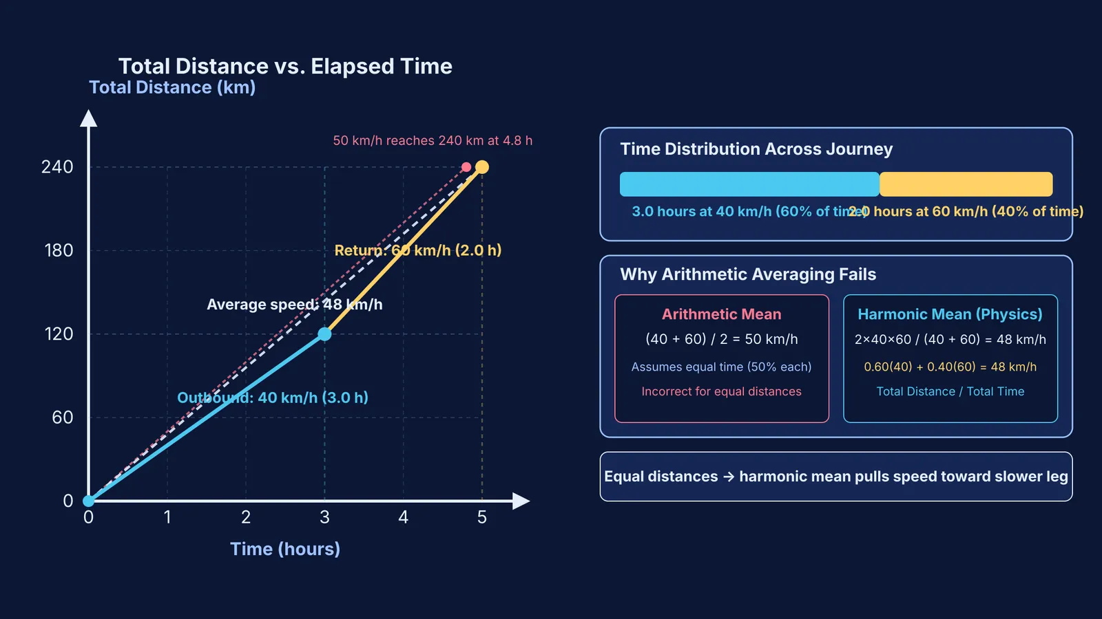 Distance-time graph and time-weighted breakdown showing harmonic mean average speed