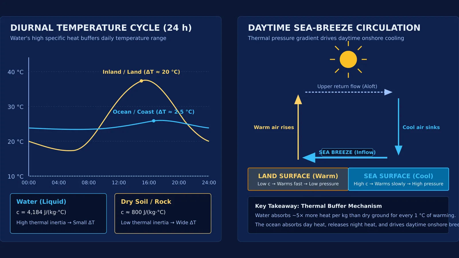 Diurnal temperature curves and sea-breeze convection driven by water's high specific heat capacity