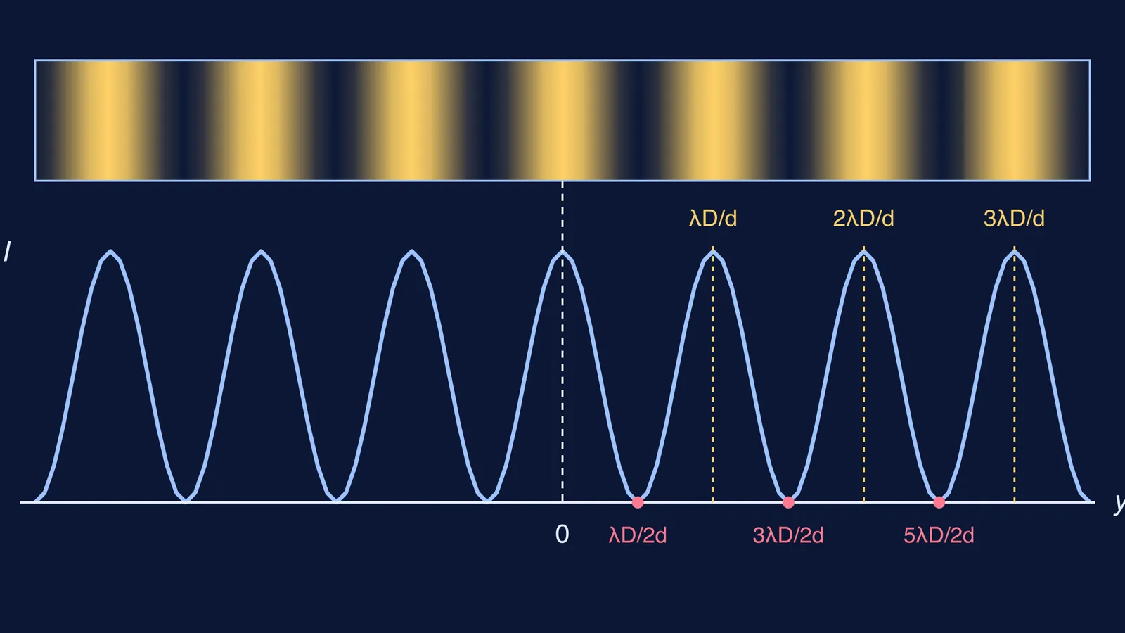 Double-slit fringe pattern and intensity curve with bright and dark fringe positions