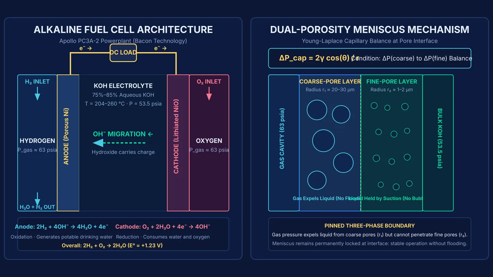 Dual-porosity alkaline fuel cell schematic showing pinned electrolyte meniscus and Apollo electrode architecture