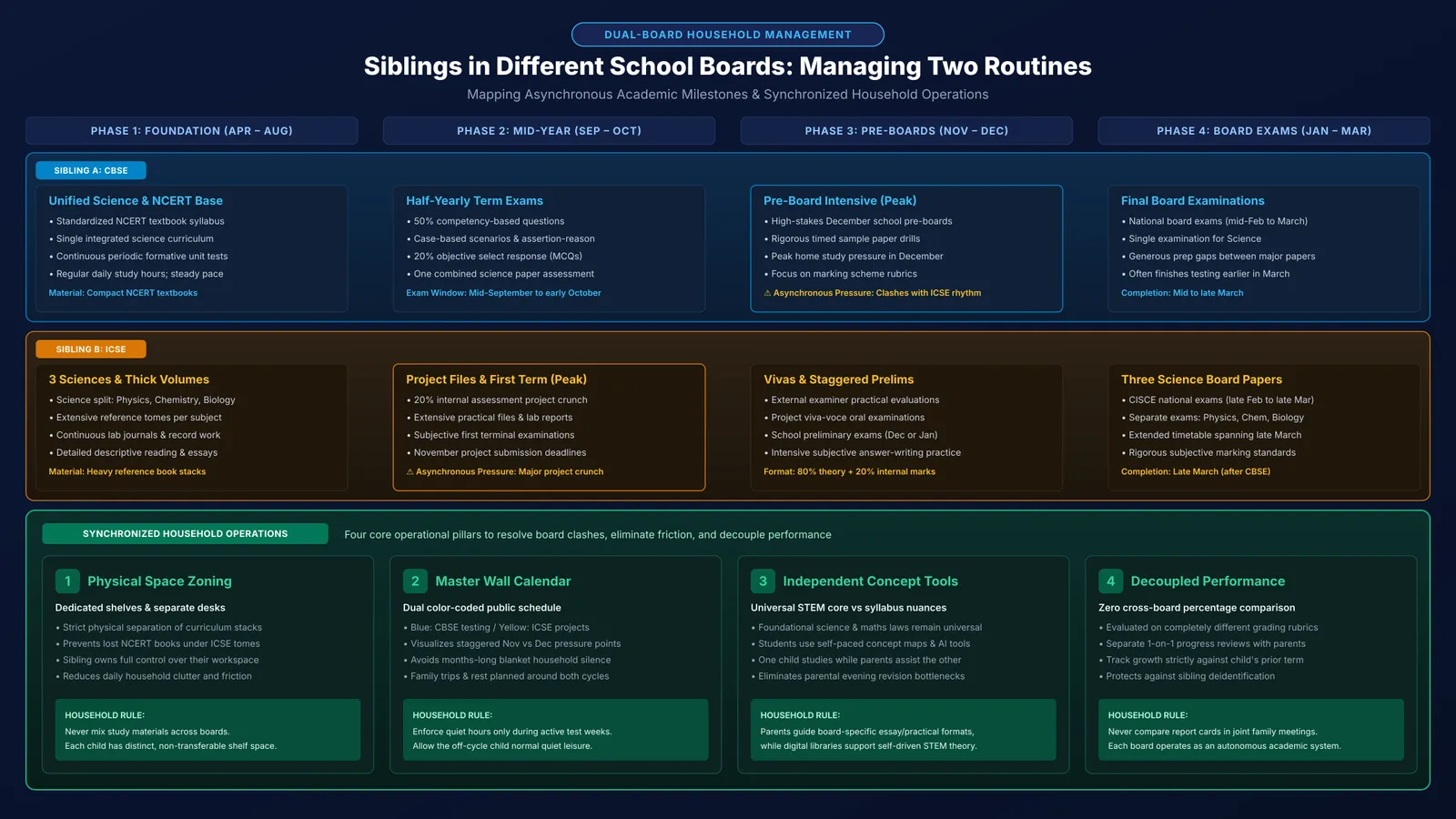 Dual-track timeline comparing CBSE and ICSE sibling study routines and home coordination