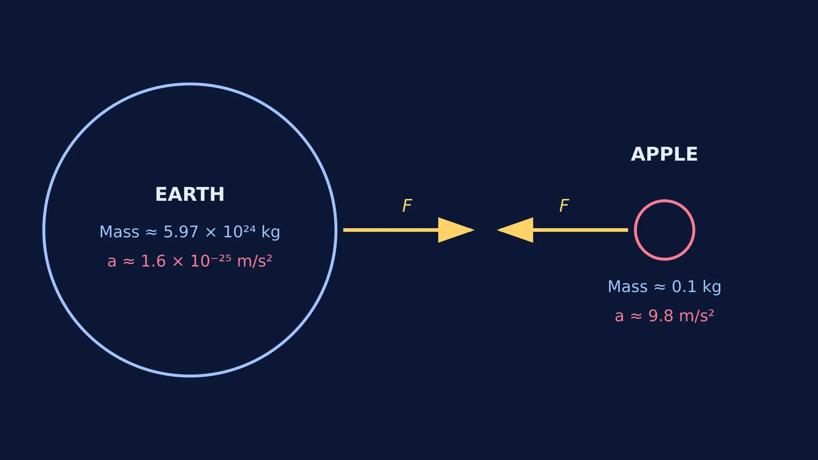 Earth and an apple with equal force vectors but different accelerations