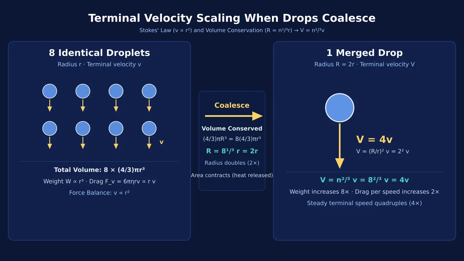 Eight small drops falling at speed v coalesce into one drop falling at 4v