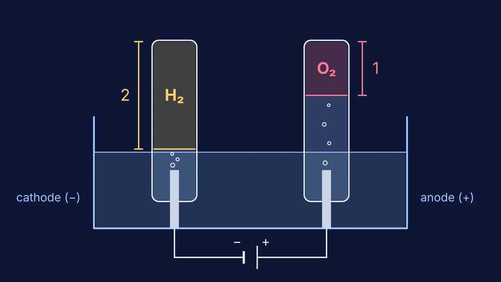 Electrolysis cell where the hydrogen tube holds twice the gas of the oxygen tube
