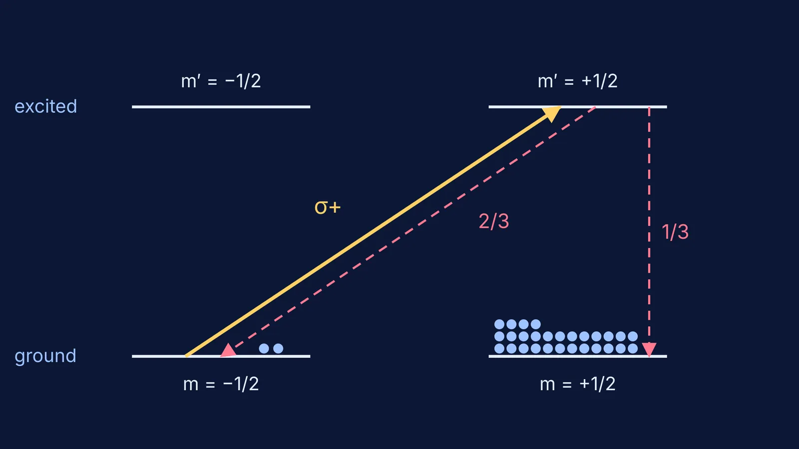 Energy-level diagram: σ+ light pumps atoms into the m = +1/2 ground sublevel