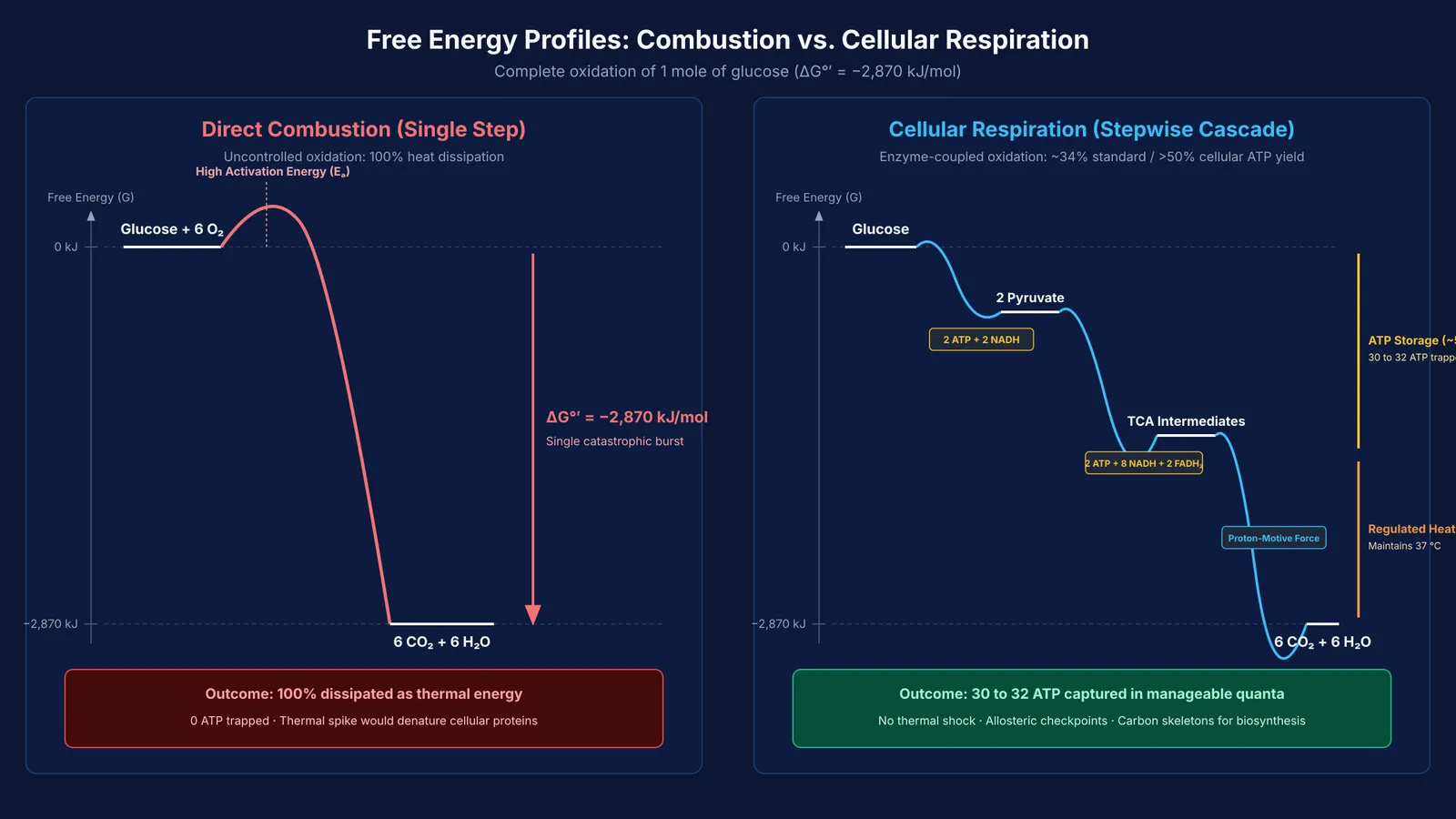 Energy profiles comparing single-step combustion with stepwise ATP capture in cellular respiration