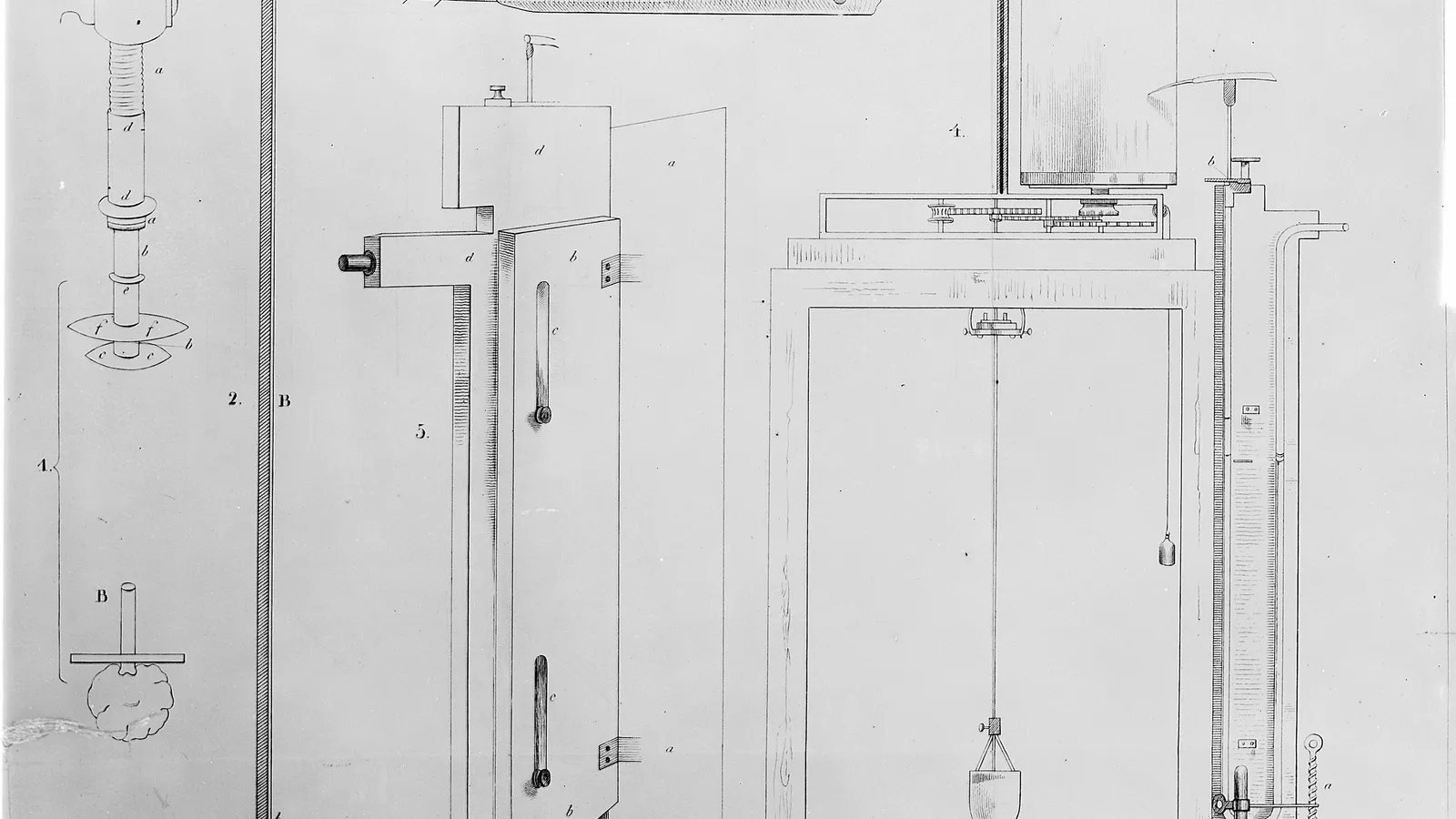 Engraved 1847 plate of Carl Ludwig's kymograph drum and mercury manometer