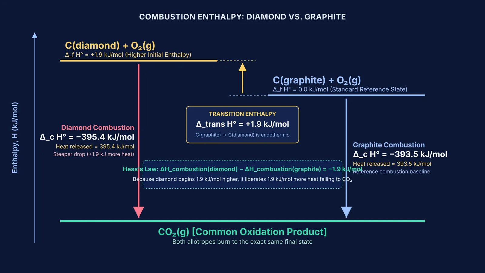 Enthalpy diagram comparing combustion of diamond and graphite to carbon dioxide