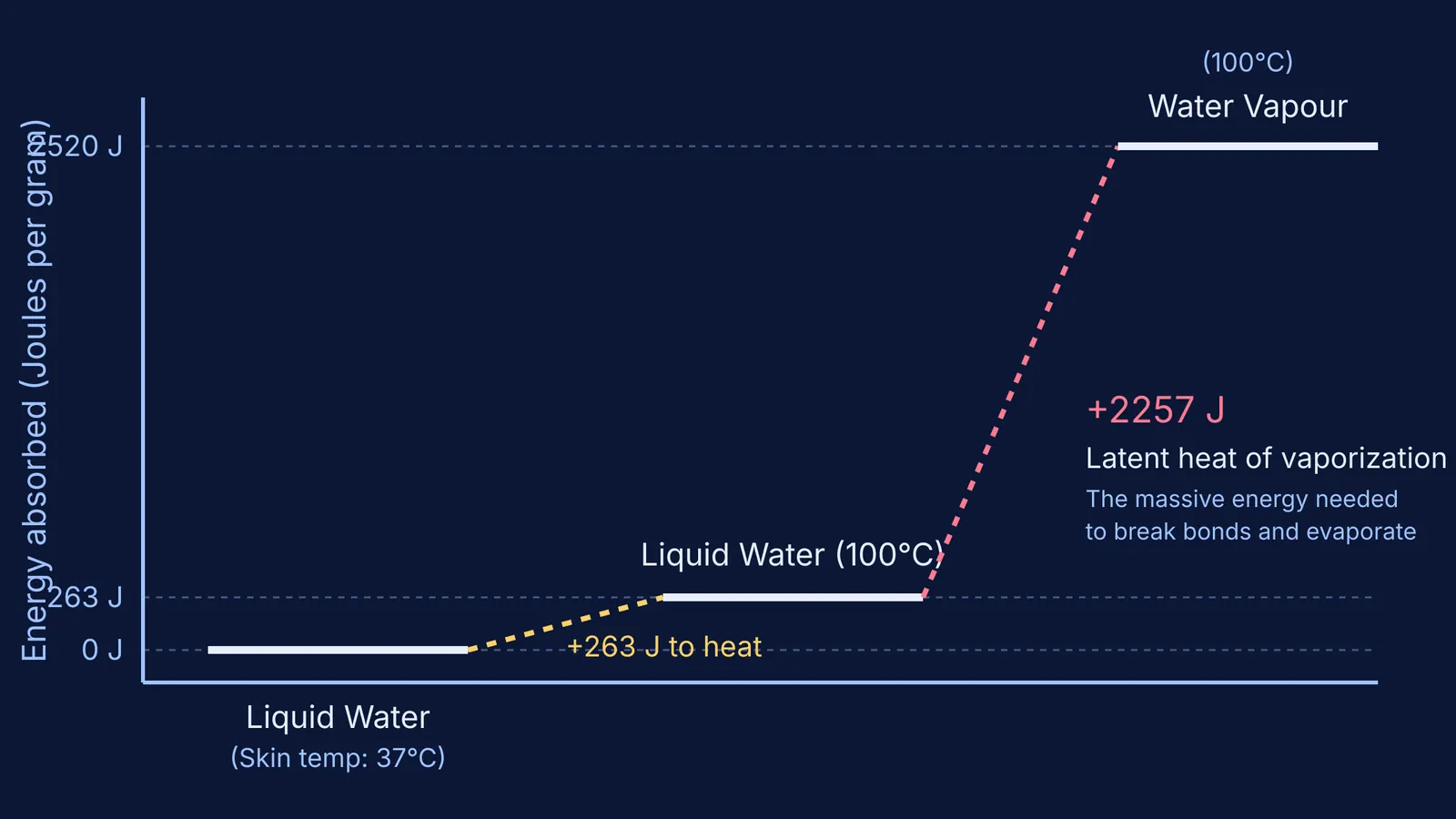Enthalpy diagram of water showing the large latent heat of vaporization
