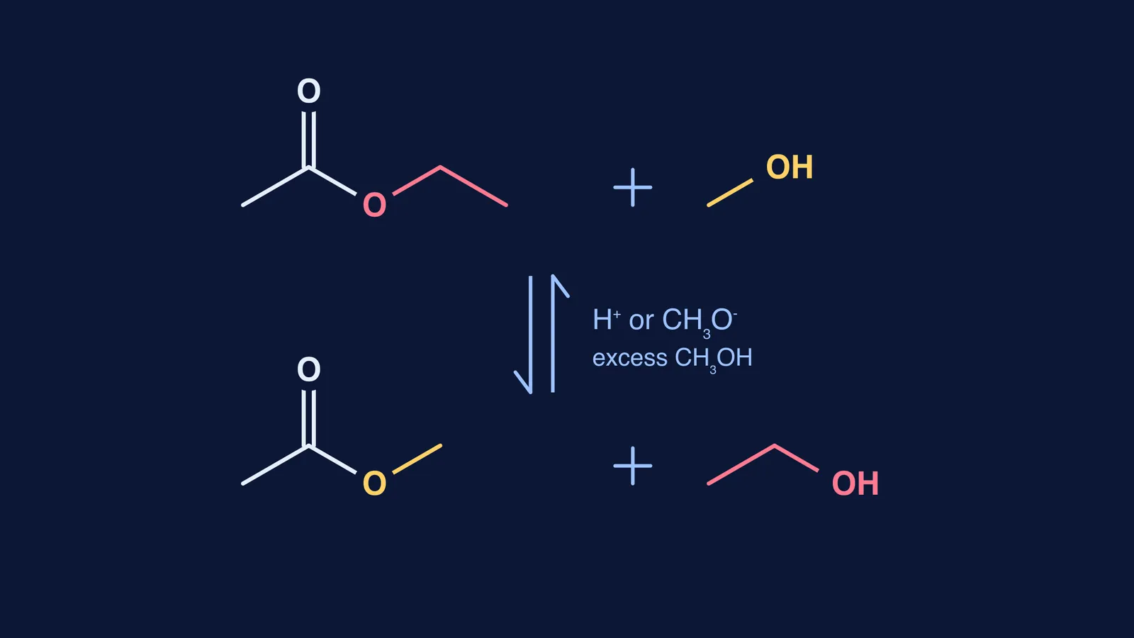 Ethyl acetate and methanol exchange alkoxy groups to give methyl acetate and ethanol