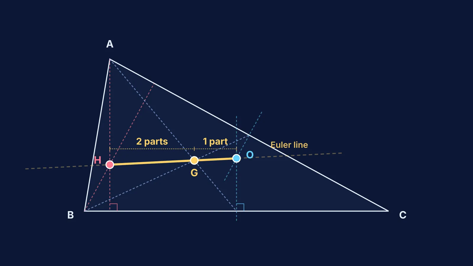 Euler line diagram showing orthocentre, centroid and circumcentre collinear in 2 to 1 ratio