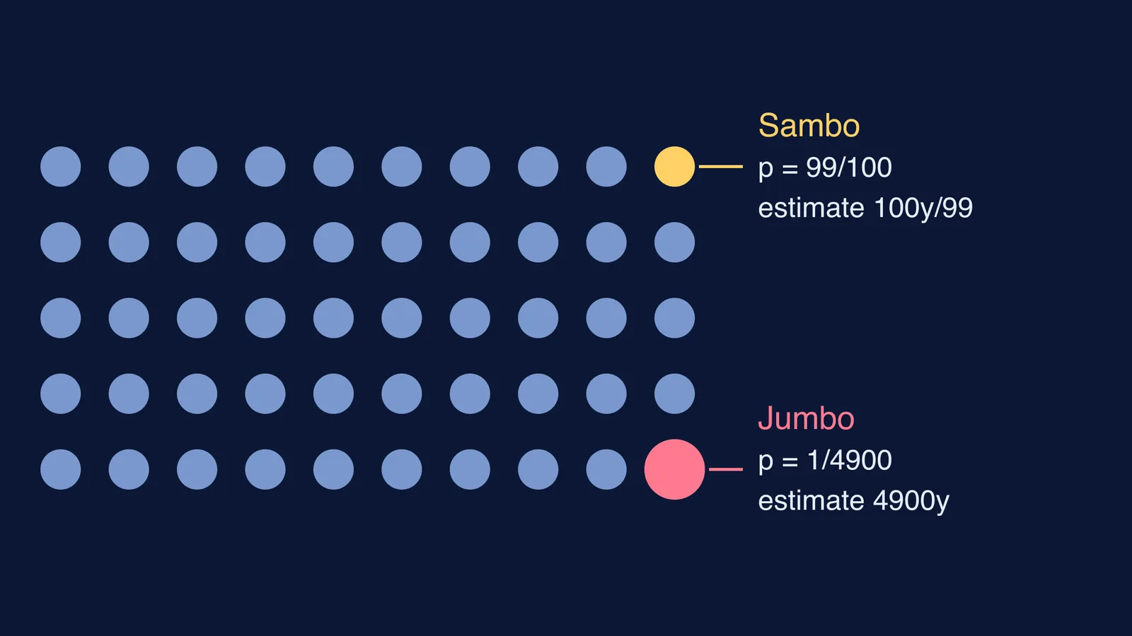 Fifty circles for elephants, with Sambo and Jumbo's selection probabilities and estimates