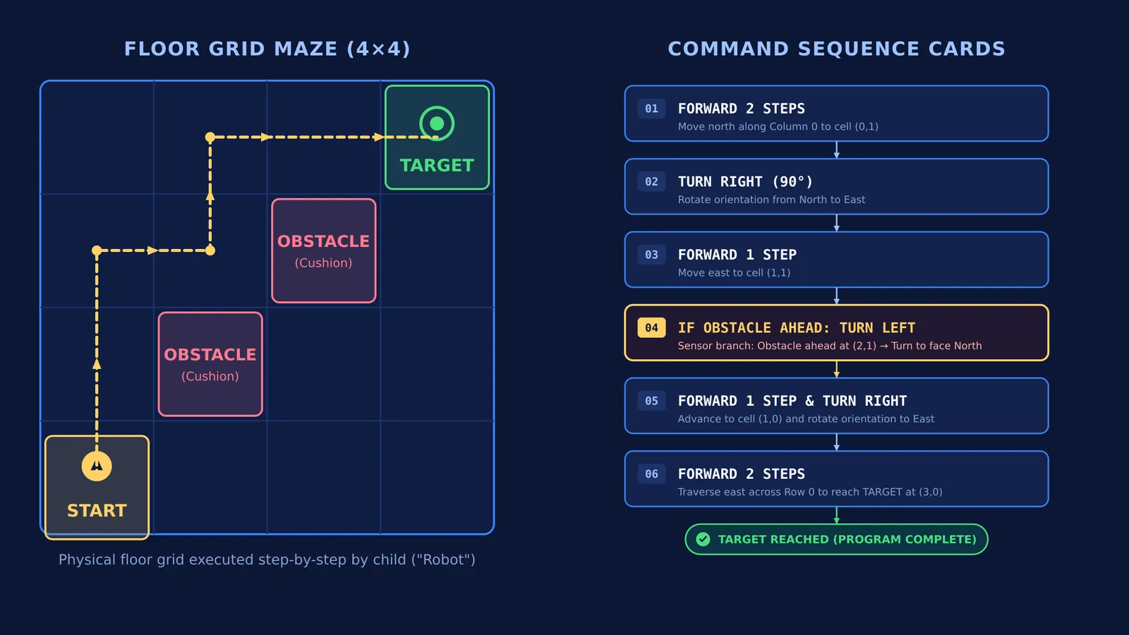 Floor grid maze and command card stack showing unplugged coding logic