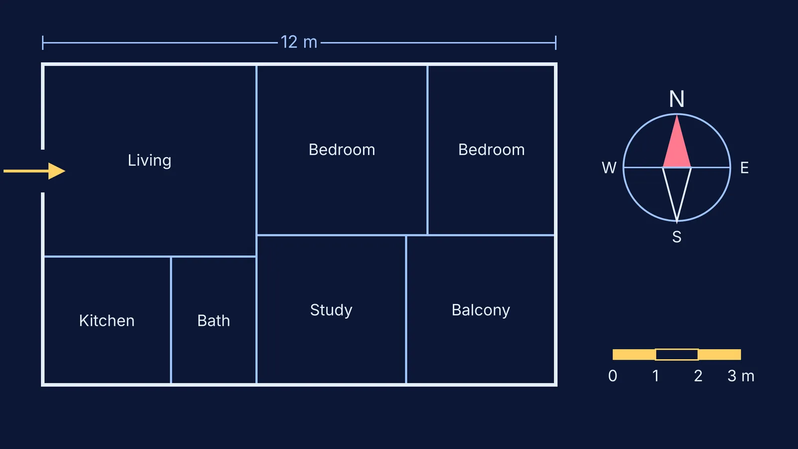 Floor plan of a flat drawn to scale with north arrow and scale bar