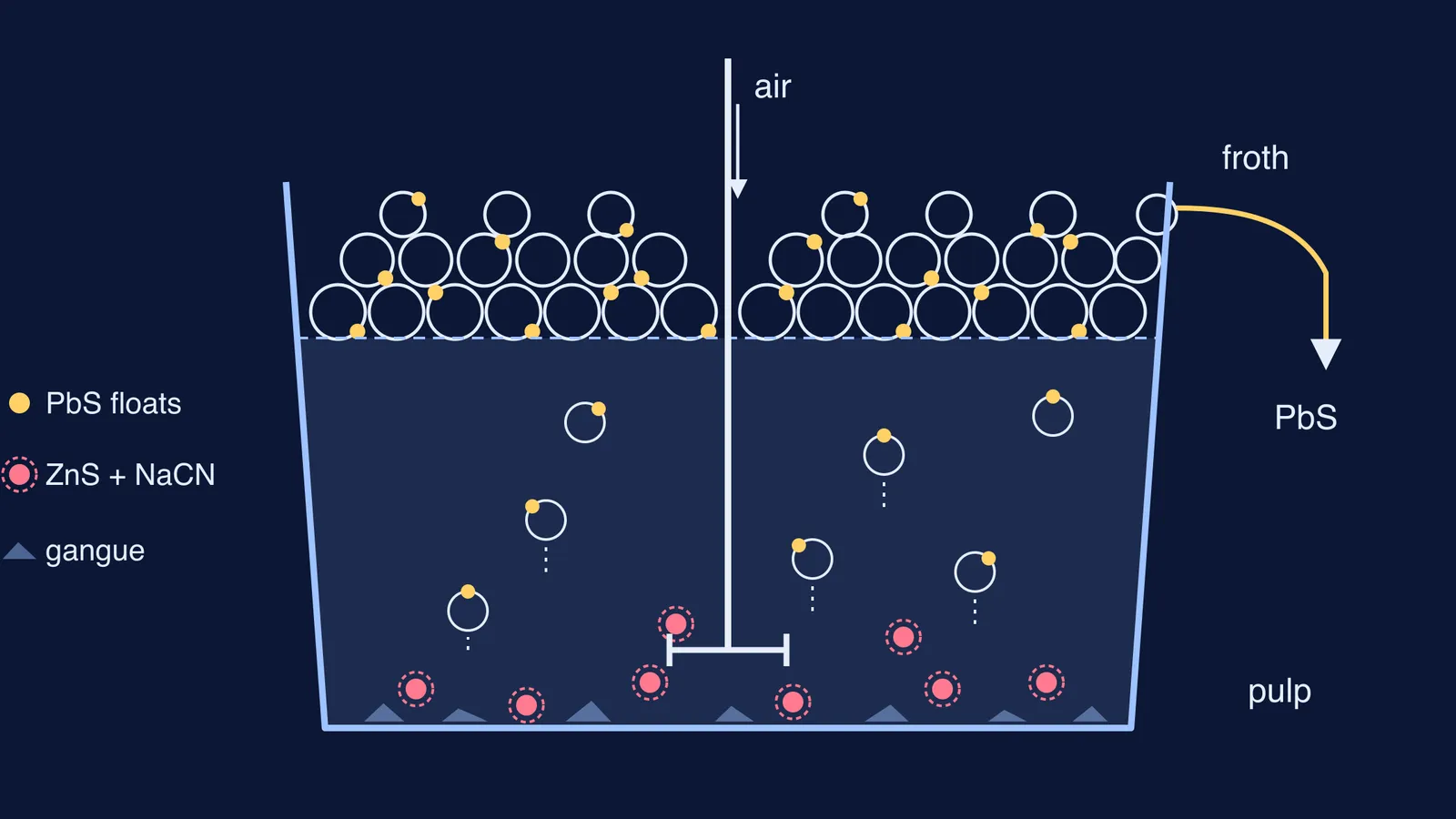 Flotation cell: PbS rides bubbles into the froth; cyanide-treated ZnS and gangue stay below