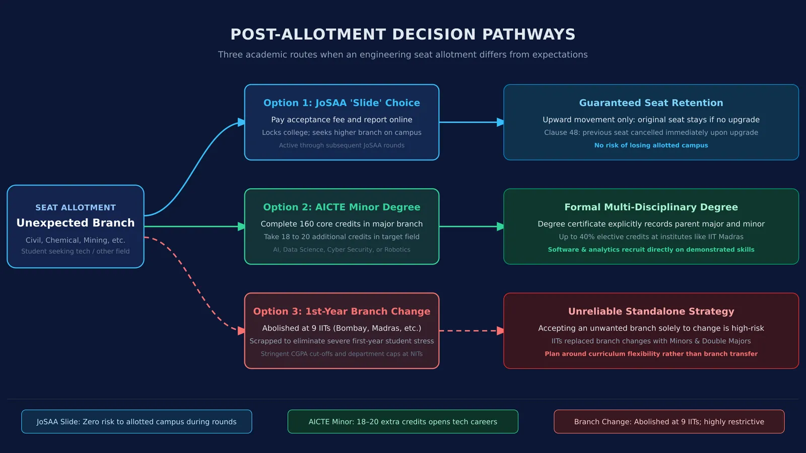 Flowchart comparing JoSAA sliding, AICTE minor degrees, and internal branch changes
