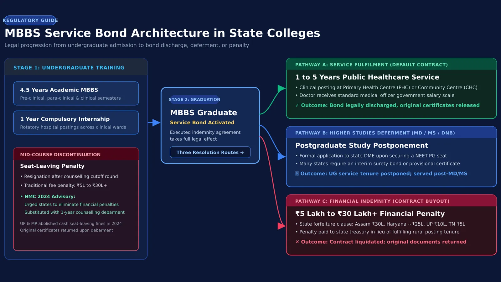 Flowchart mapping MBBS service bond paths through rural service, deferment, or penalty buyout.