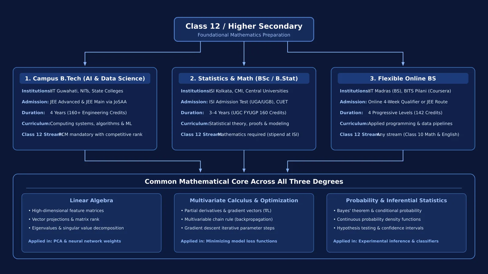 Flowchart of three data science degree paths after 12th in India and core mathematics