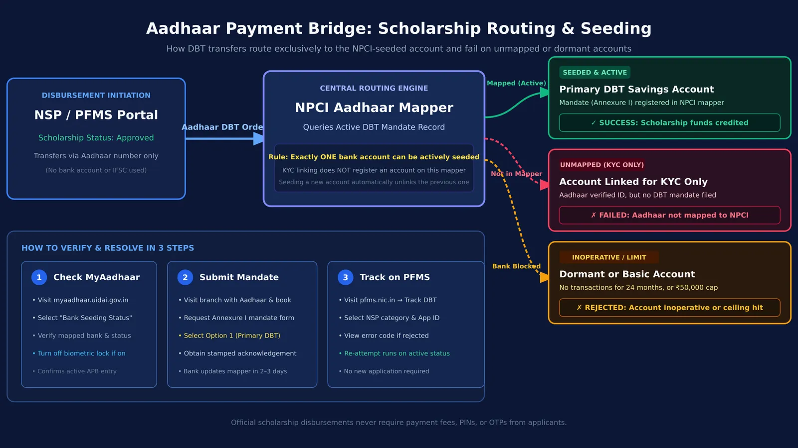 Flowchart showing Aadhaar payment routing to seeded versus unmapped bank accounts