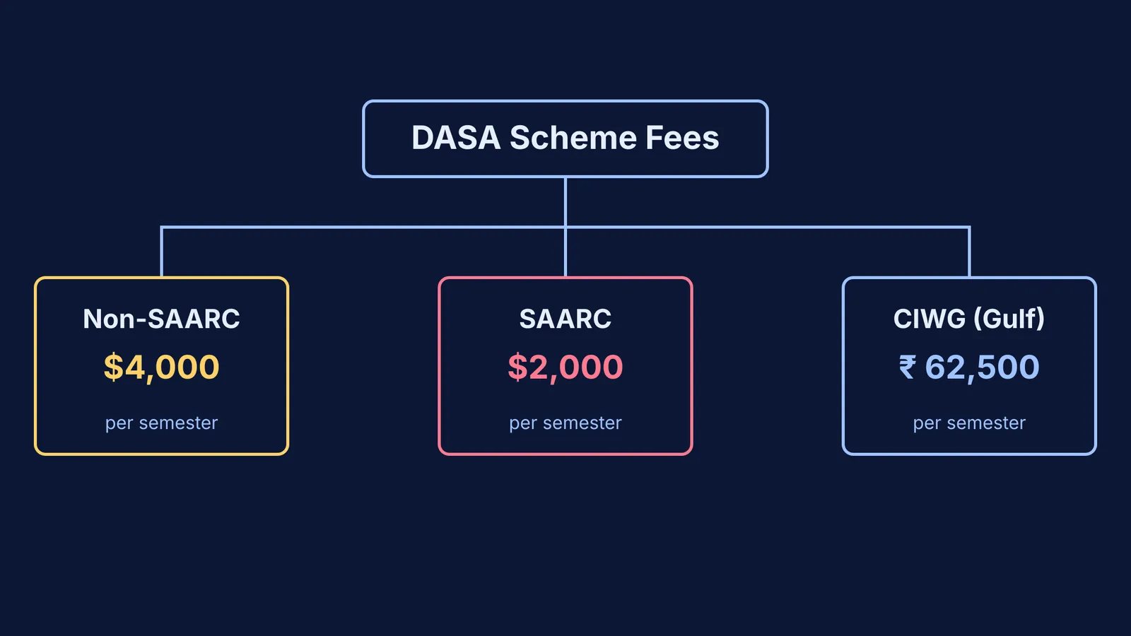 Flowchart showing DASA Scheme fee structures for Non-SAARC, SAARC, and CIWG categories
