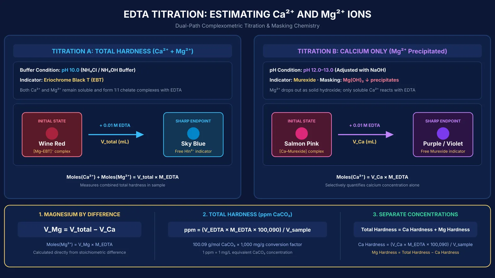 Flowchart showing dual pH conditions for EDTA titration of calcium and magnesium ions