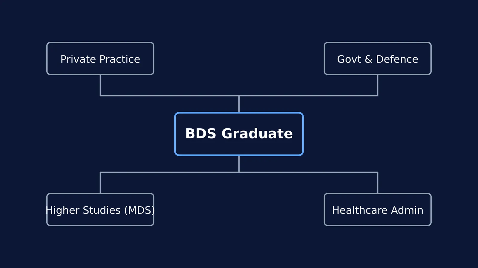 Flowchart showing four career paths for a BDS graduate: private practice, government, MDS, and administration.