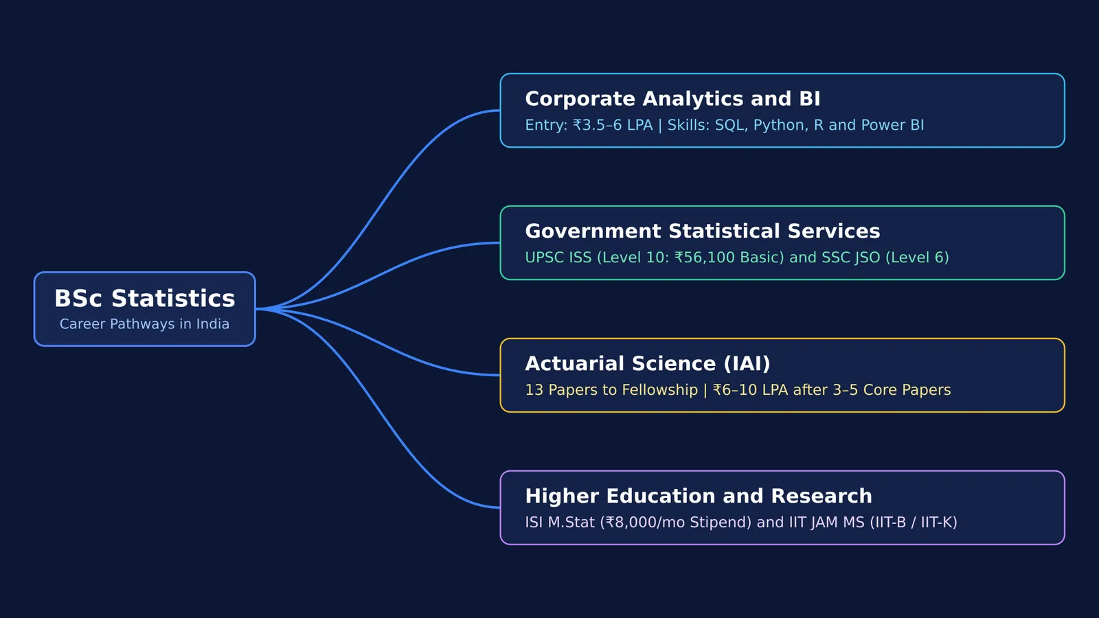 Flowchart showing four career pathways after a BSc in Statistics in India