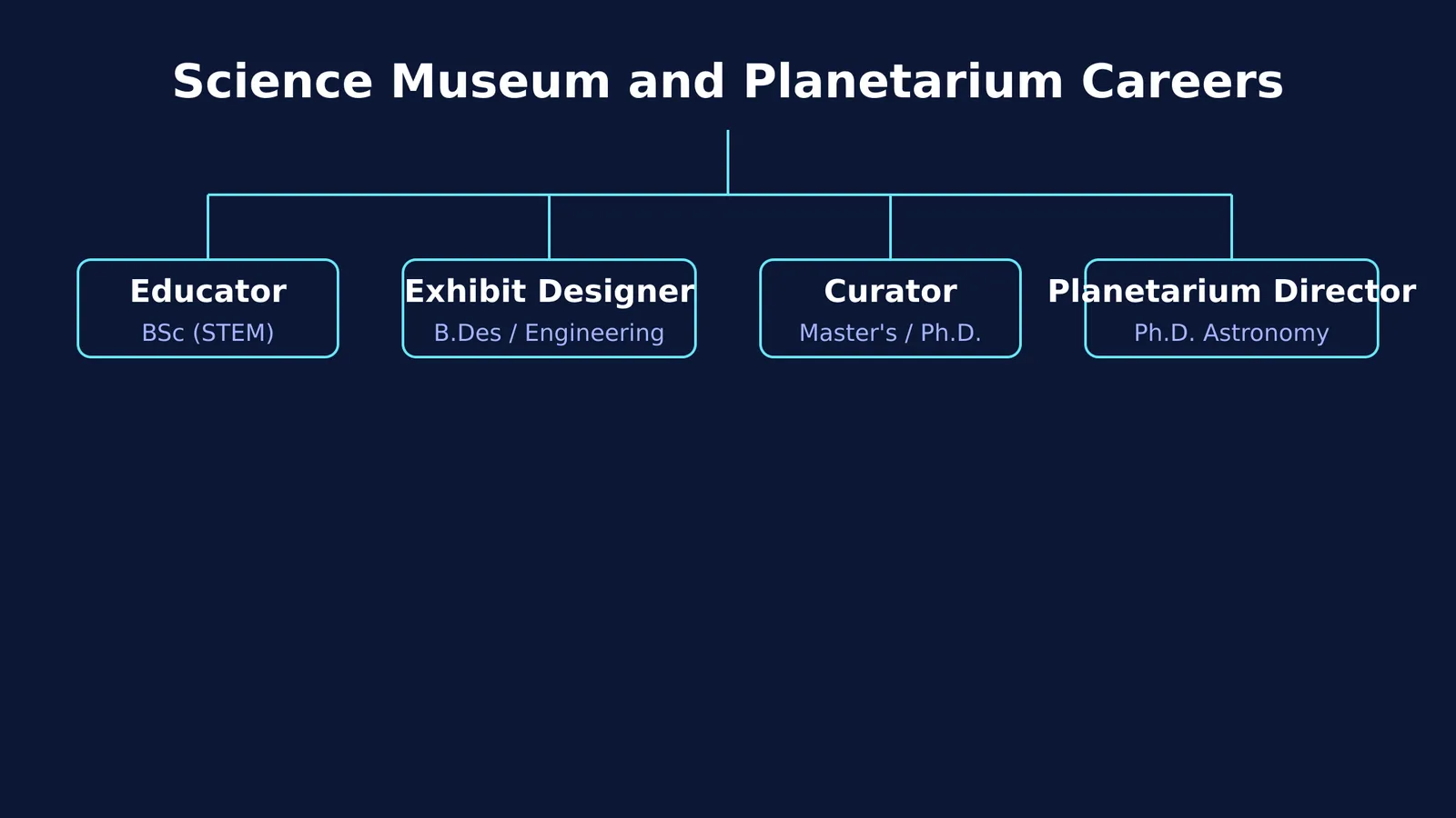Flowchart showing museum roles like educator and curator with their required degrees.