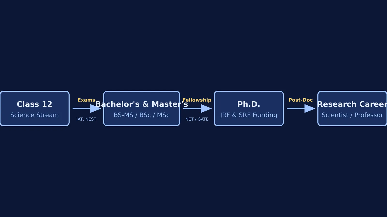 Flowchart showing the path from Class 12 to a research career in India.