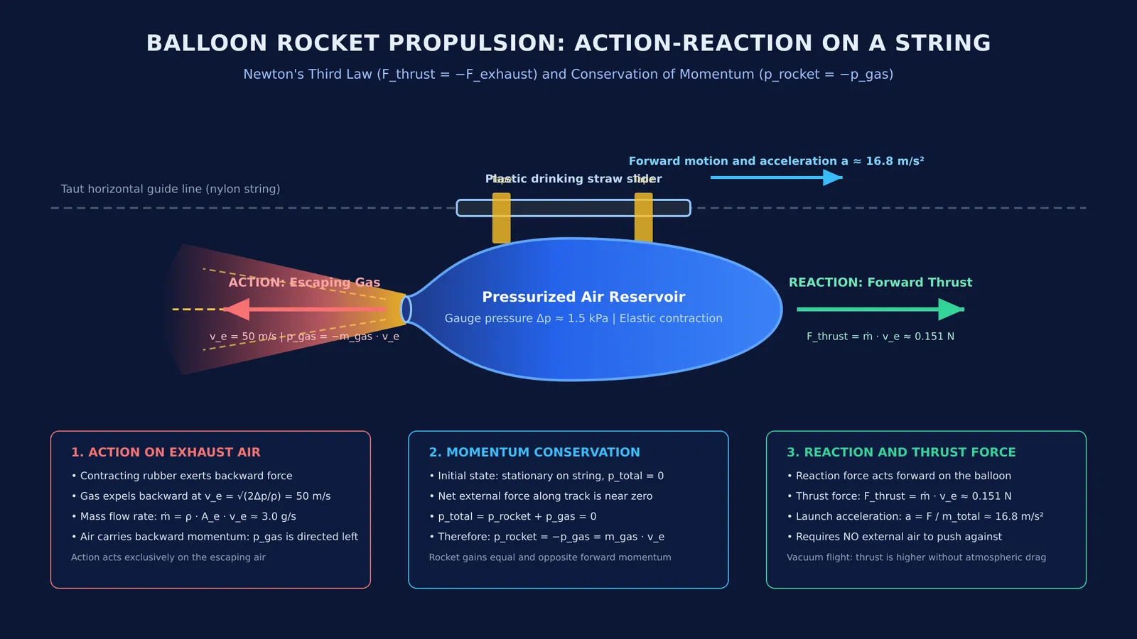 Forces and momentum vectors for a balloon rocket moving along a string