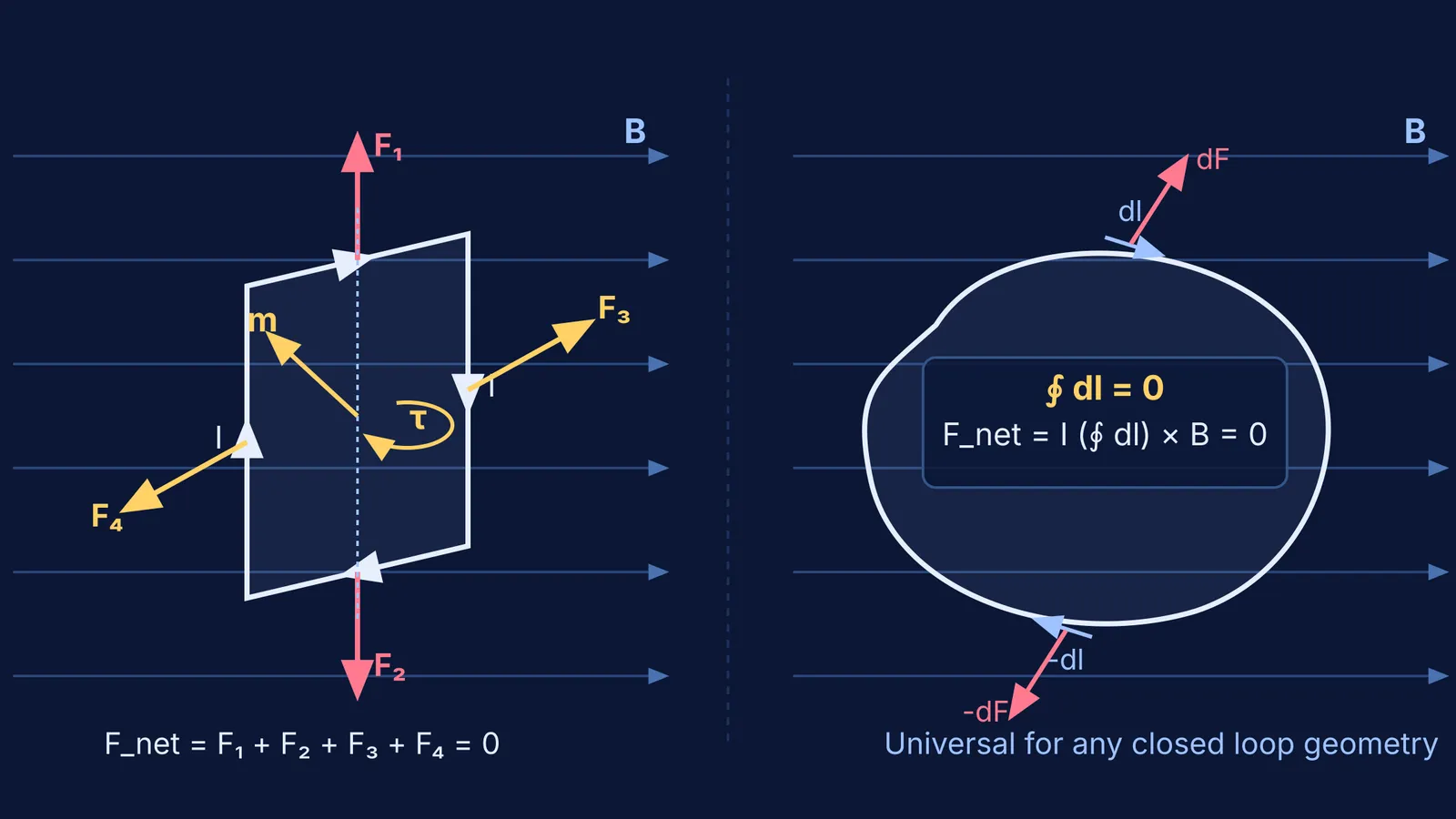 Forces canceling on rectangular and arbitrary closed current loops in a uniform magnetic field
