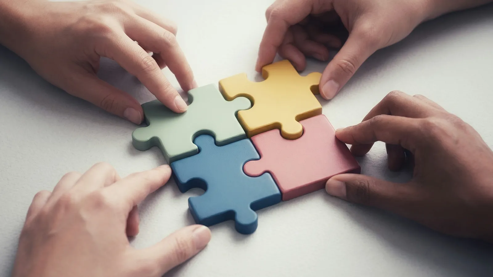 Four hands fitting coloured jigsaw pieces together