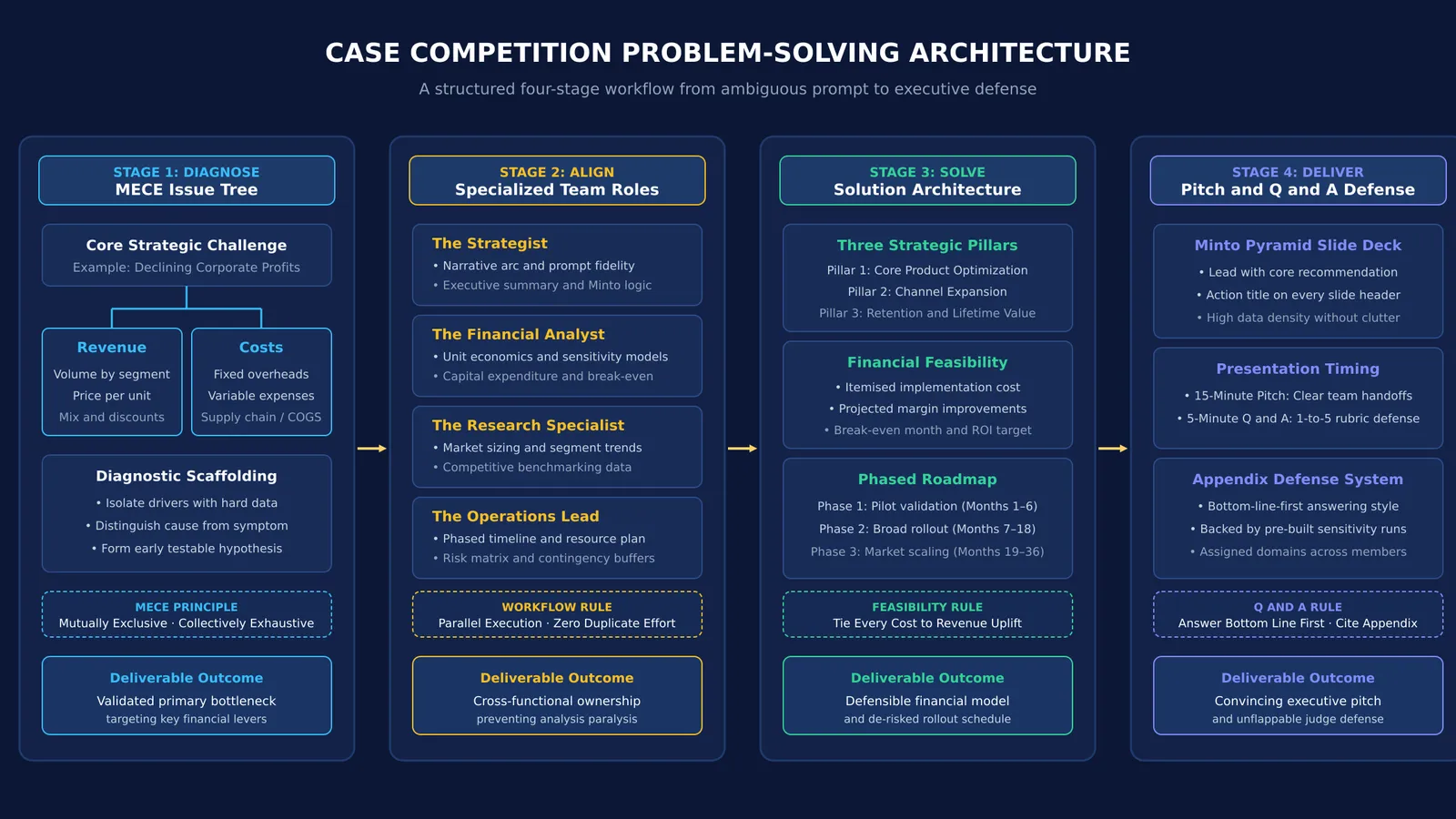 Four-stage analytical architecture diagram for college case competition problem-solving and presentation defense