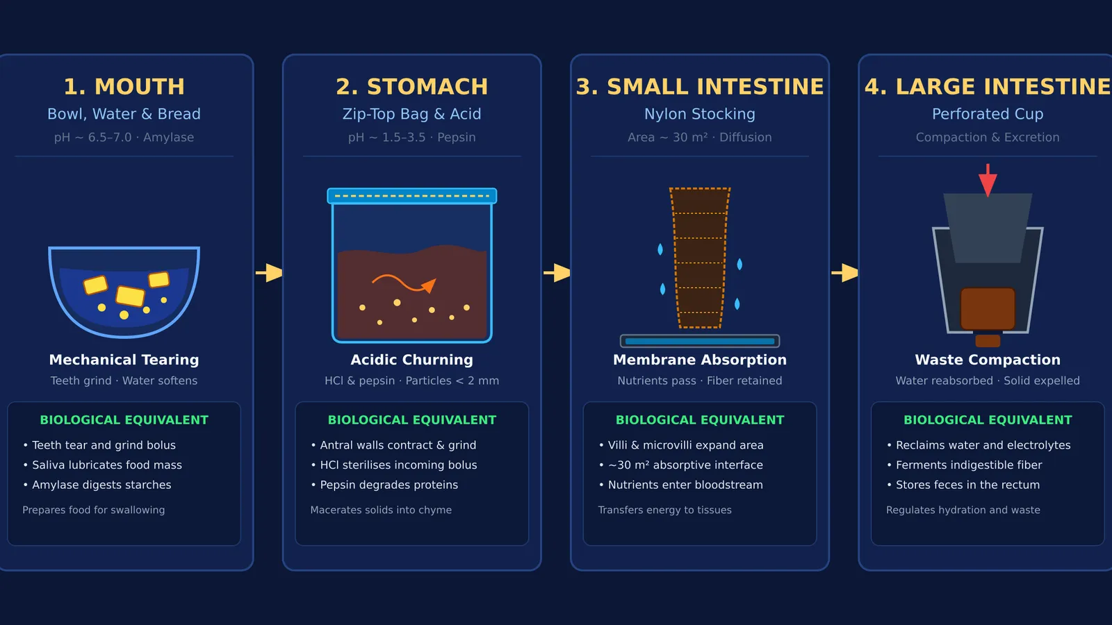 Four-stage diagram of household digestion model showing mouth, stomach, small intestine, and colon.