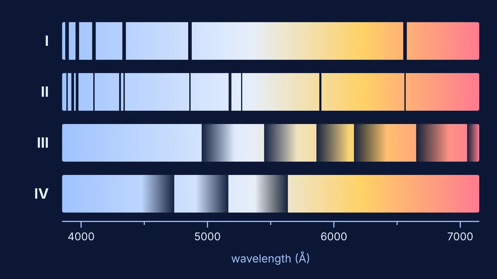 Four star spectrum strips showing Secchi's classes I to IV with lines and bands