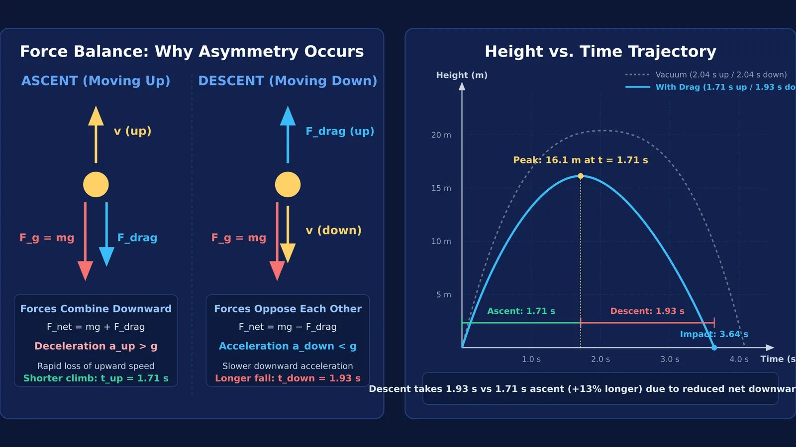 Free-body diagrams and trajectory graph showing descent takes longer than ascent with drag