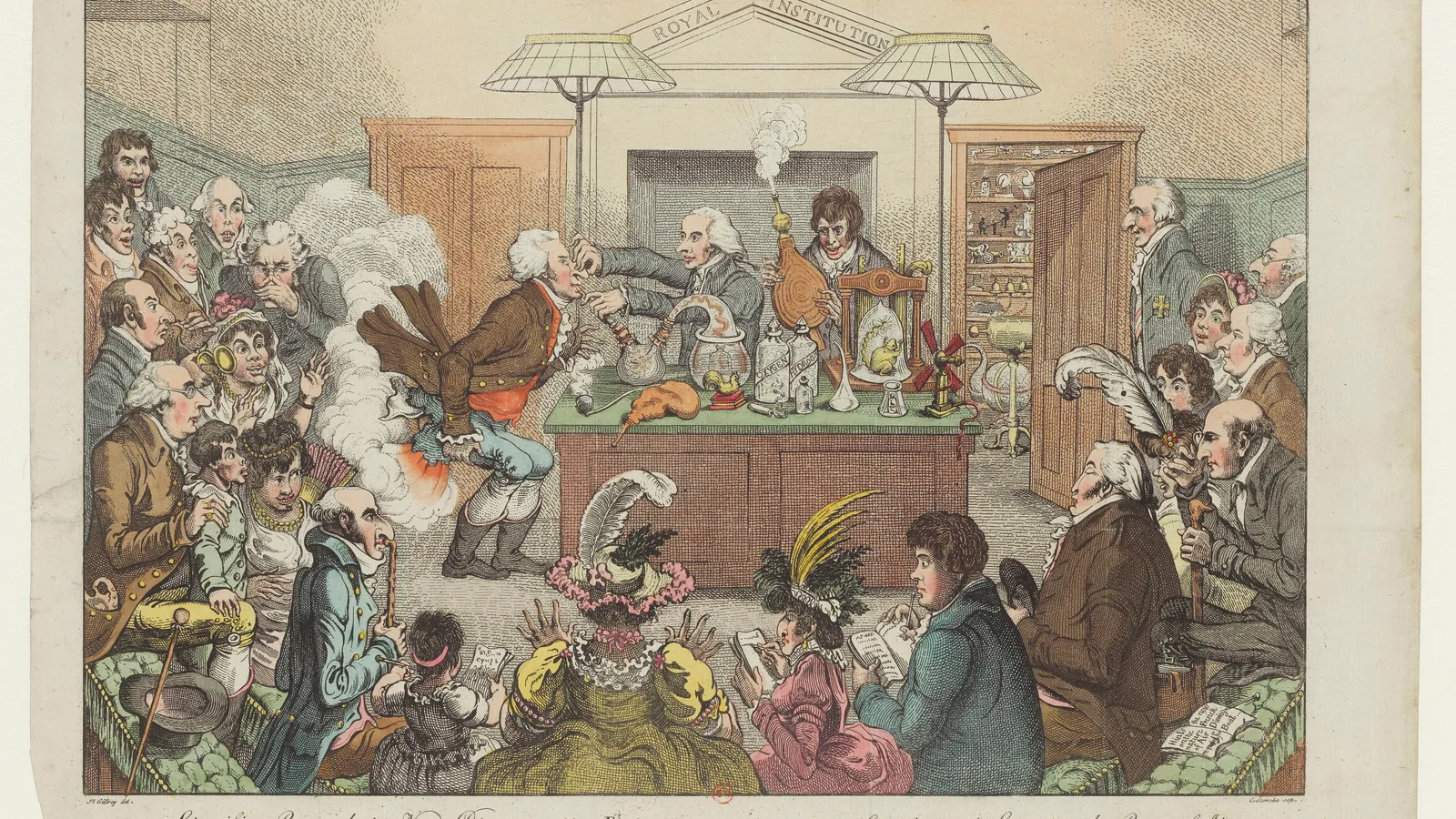 Gillray's 1802 cartoon of a gas-breathing lecture at the Royal Institution before a crowd