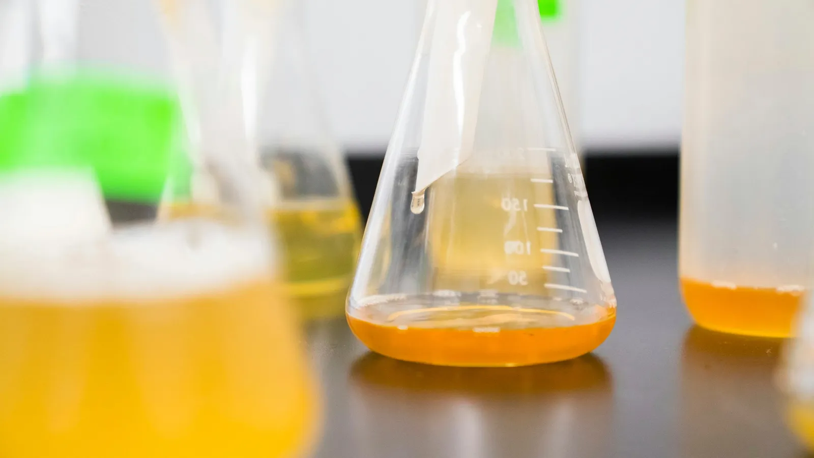 Glass flasks of yellow and orange solutions on a bench