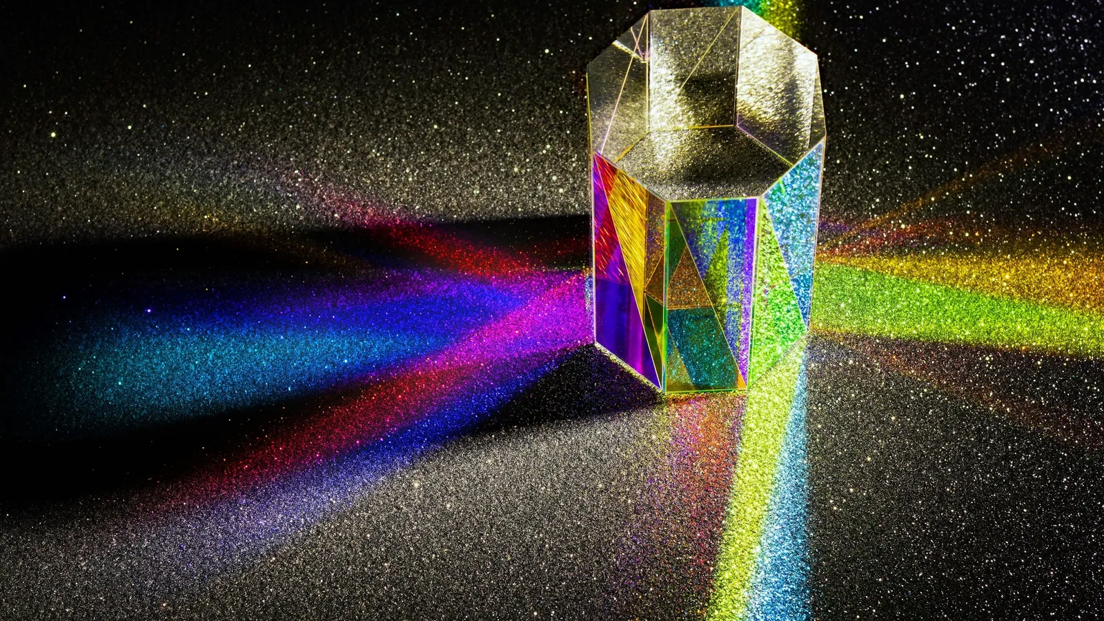 Glass prism splitting light into a spectrum of colours