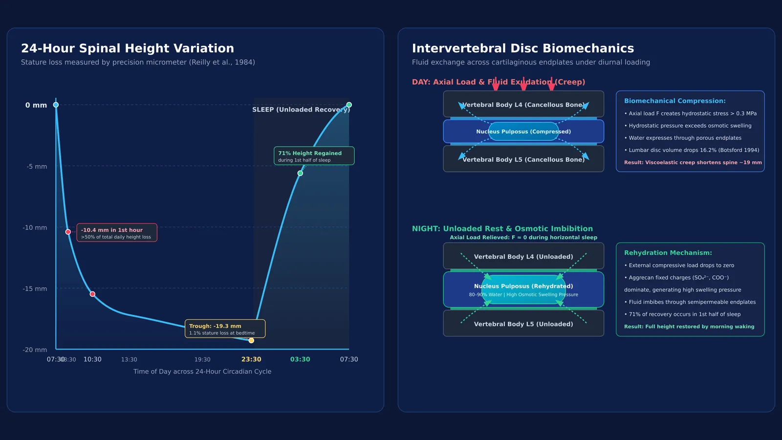 Graph of 24-hour spinal height variation and biomechanical diagram of intervertebral disc fluid flow