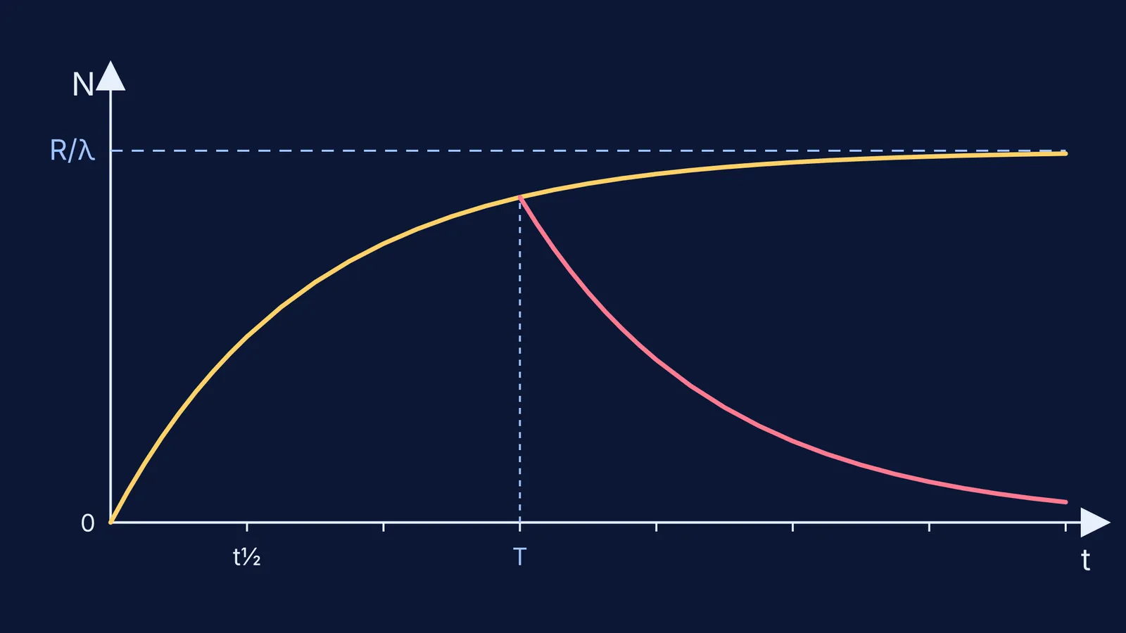 Graph of nuclei rising towards saturation R/λ, and decaying after production stops