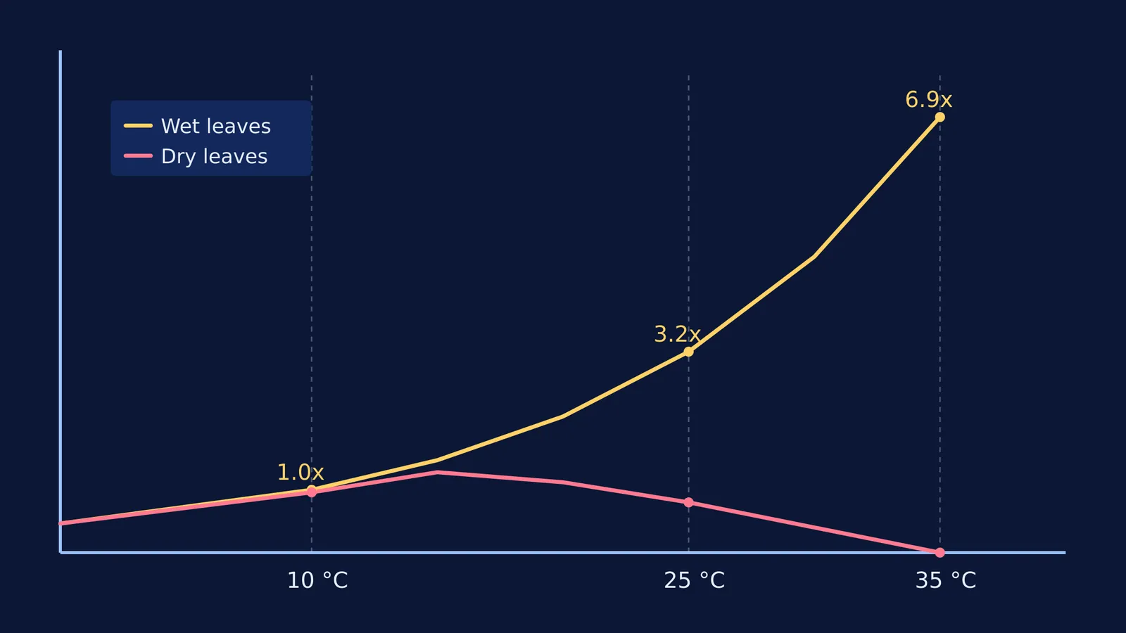 Graph showing decomposition rate climbing exponentially for wet leaves but crashing for dry leaves.