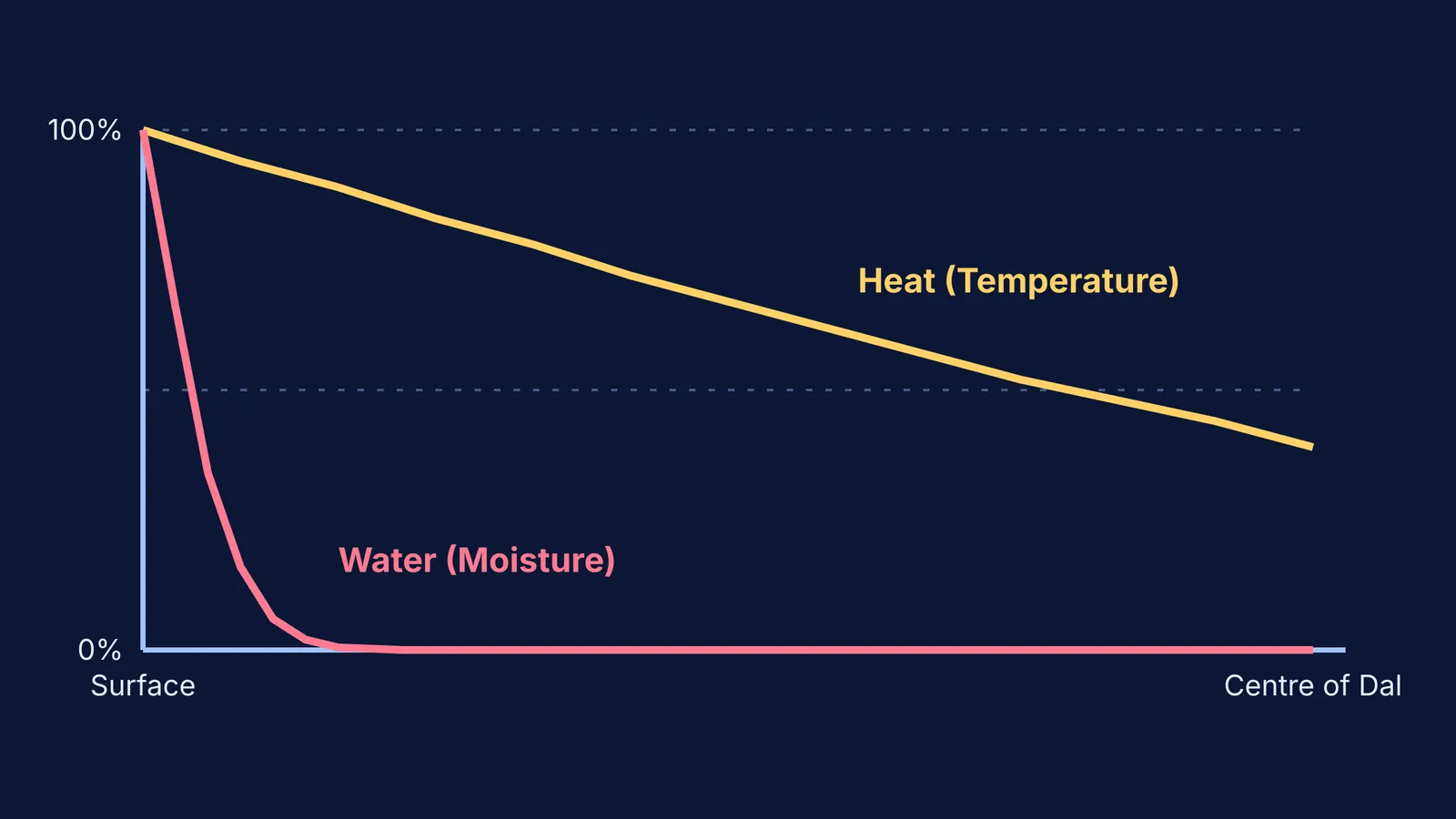 Graph showing heat and moisture profiles inside a dal seed during boiling