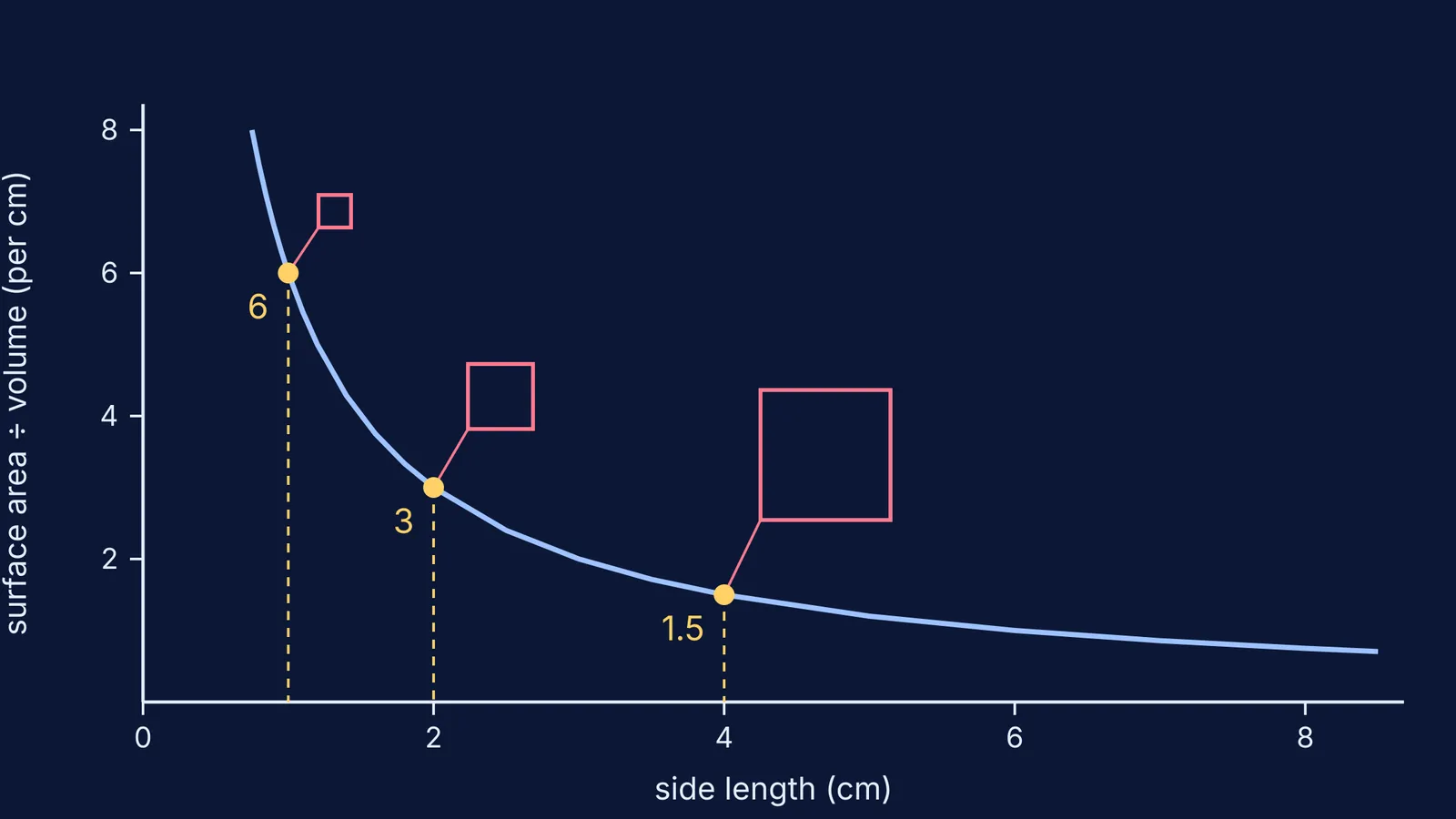 Graph showing surface-area-to-volume ratio falling as cube size increases